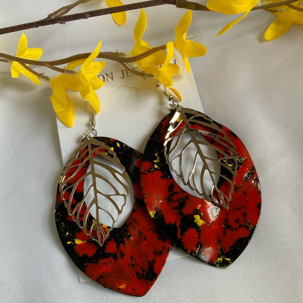 Large Leaves Red Multicolored Dangle Earrings-NEW